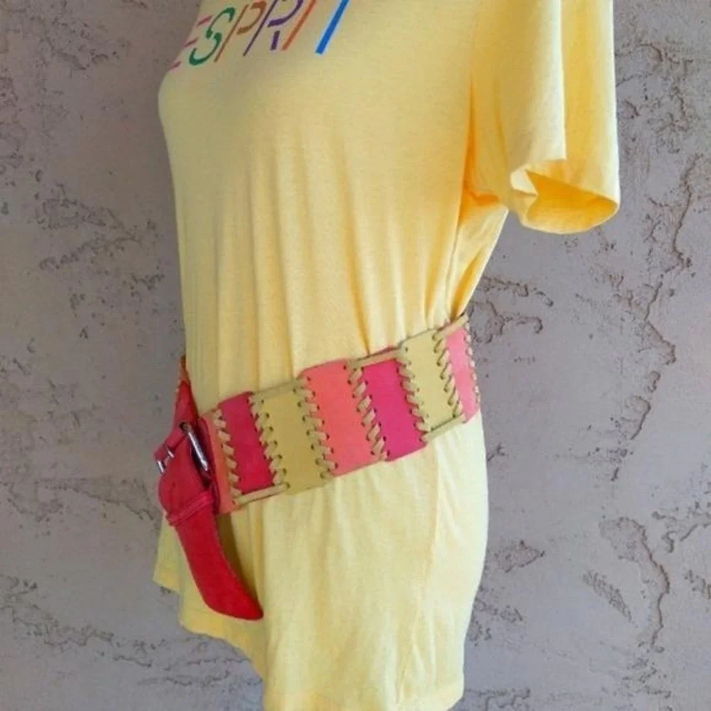 Vintage 80s Adolfo Wide Leather Whipstitch Colorblock Waist Belt Red Pink Yellow